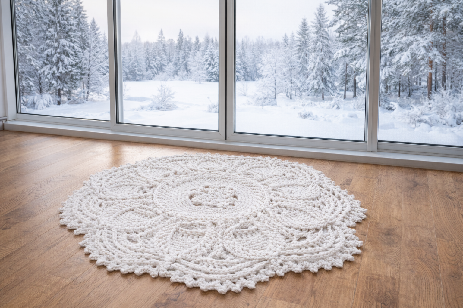 Rankų darbo apvalus kilimas „Magnolija“ – Baltos spalvos
